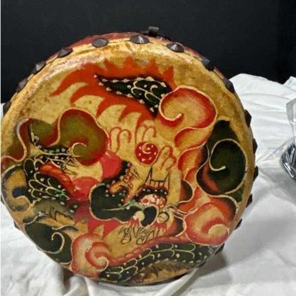 10" Vintage Chinese Dragon Phoenix Tom Tom 2 Sided Hawking Drum - Picture 2 of 4
